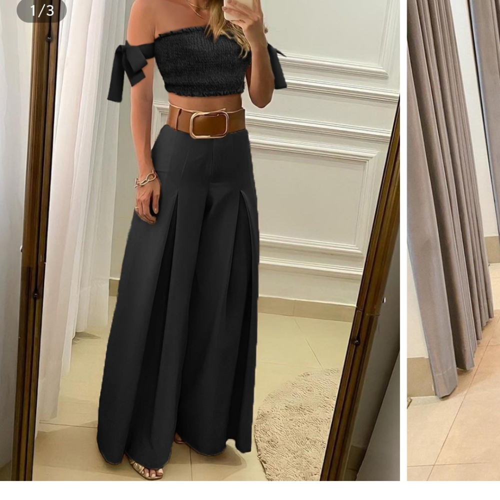 Off Shoulder Tied Detail Crop Top & Wide Leg